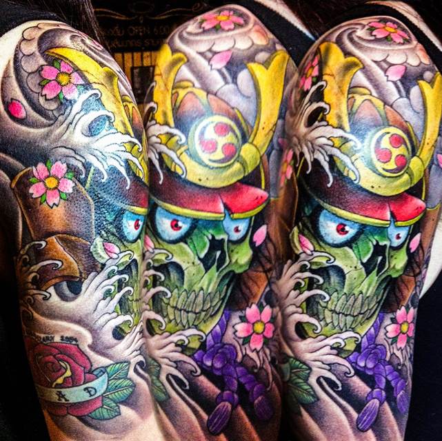 Traditional Colorful Samurai Skull With Flowers Tattoo On Right Half Sleeve