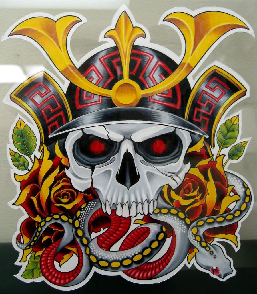 Traditional Colorful Samurai Skull With Roses And Snake Tattoo Design