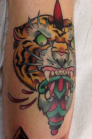 Traditional Dagger And Tiger Tattoo Idea