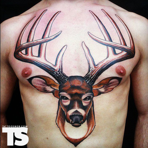 Traditional Deer Face Tattoo On Chest