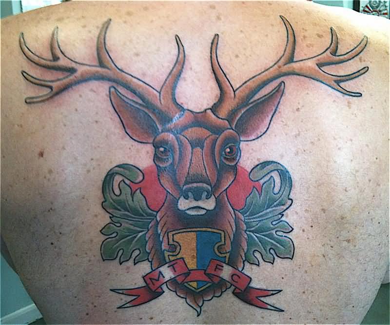 Traditional Deer Face Tattoo On Upper Back