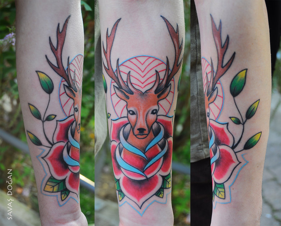 Traditional Deer Head In Rose Tattoo On Arm