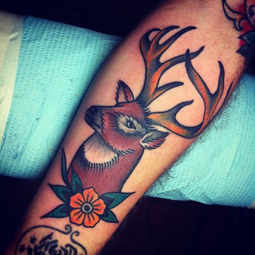 Traditional Deer Head Tattoo On Leg