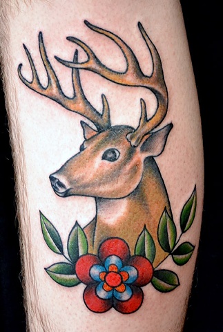 Traditional Deer Head Tattoo On Leg