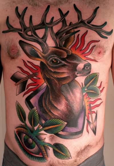 Traditional Deer Head Tattoo On Man Chest