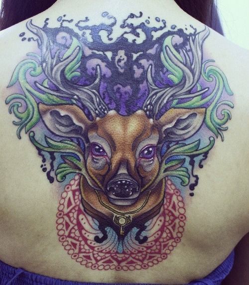Traditional Deer Head Tattoo On Upper Back