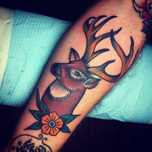 Traditional Deer Tattoo On Arm Sleeve