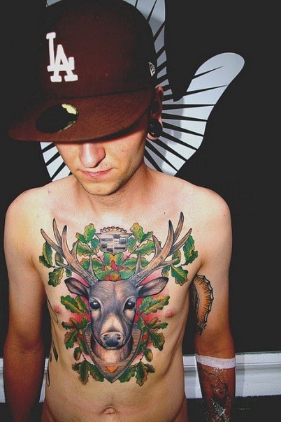 Traditional Deer Tattoo On Guy Chest