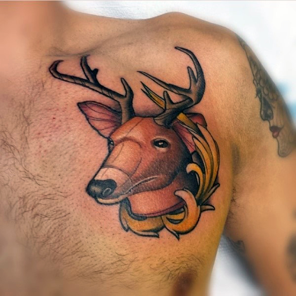 Traditional Deer Tattoo On Left Front Shoulder