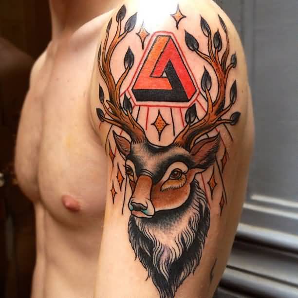 Traditional Deer Tattoo On Left Shoulder