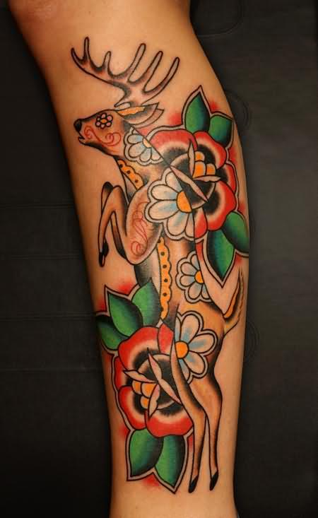 Traditional Deer Tattoo On Leg