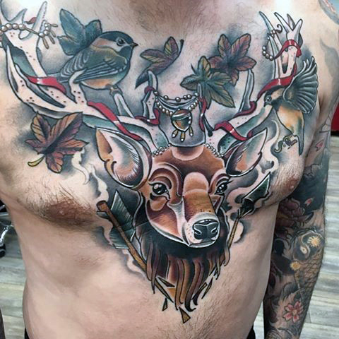 Traditional Deer Tattoo On Man Chest