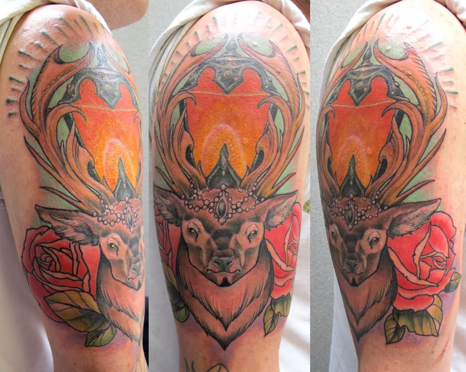 Traditional Deer Tattoo On Man Half Sleeve