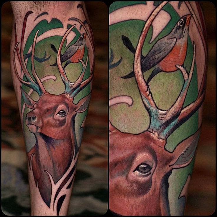 Traditional Deer Tattoo On Man Leg