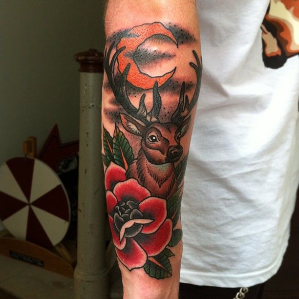 Traditional Deer Tattoo On Man Right Sleeve