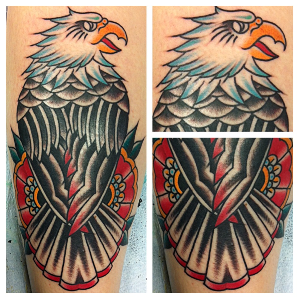 Traditional Eagle With Flower Tattoo Design For Half Sleeve By Justin Brooks