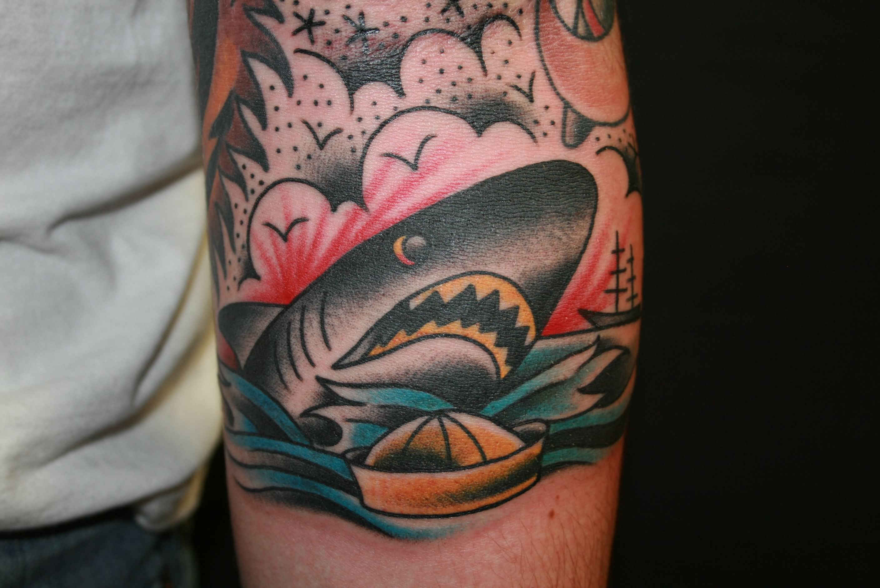Traditional Evil Tiger Shark Tattoo Design For Sleeve