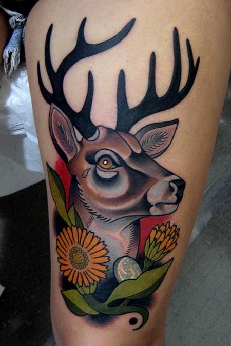 Traditional Flowers And Deer Head Tattoo