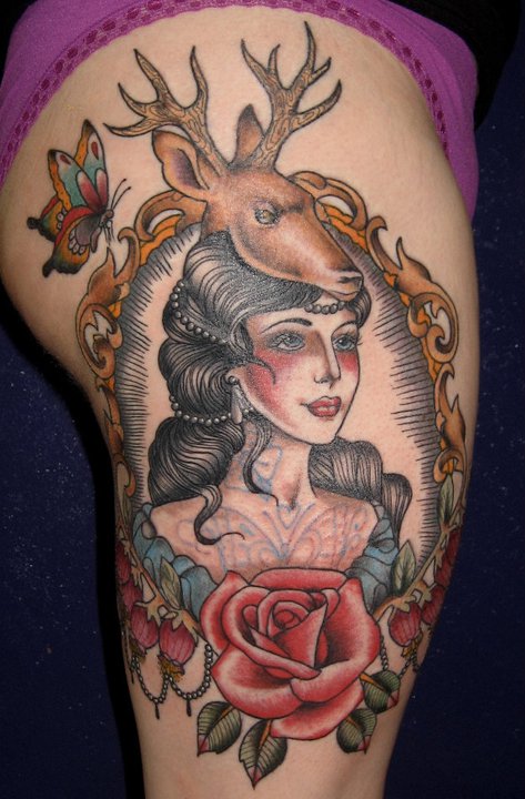 Traditional Girl With Deer Head In Mirror Frame Tattoo On Side Thigh