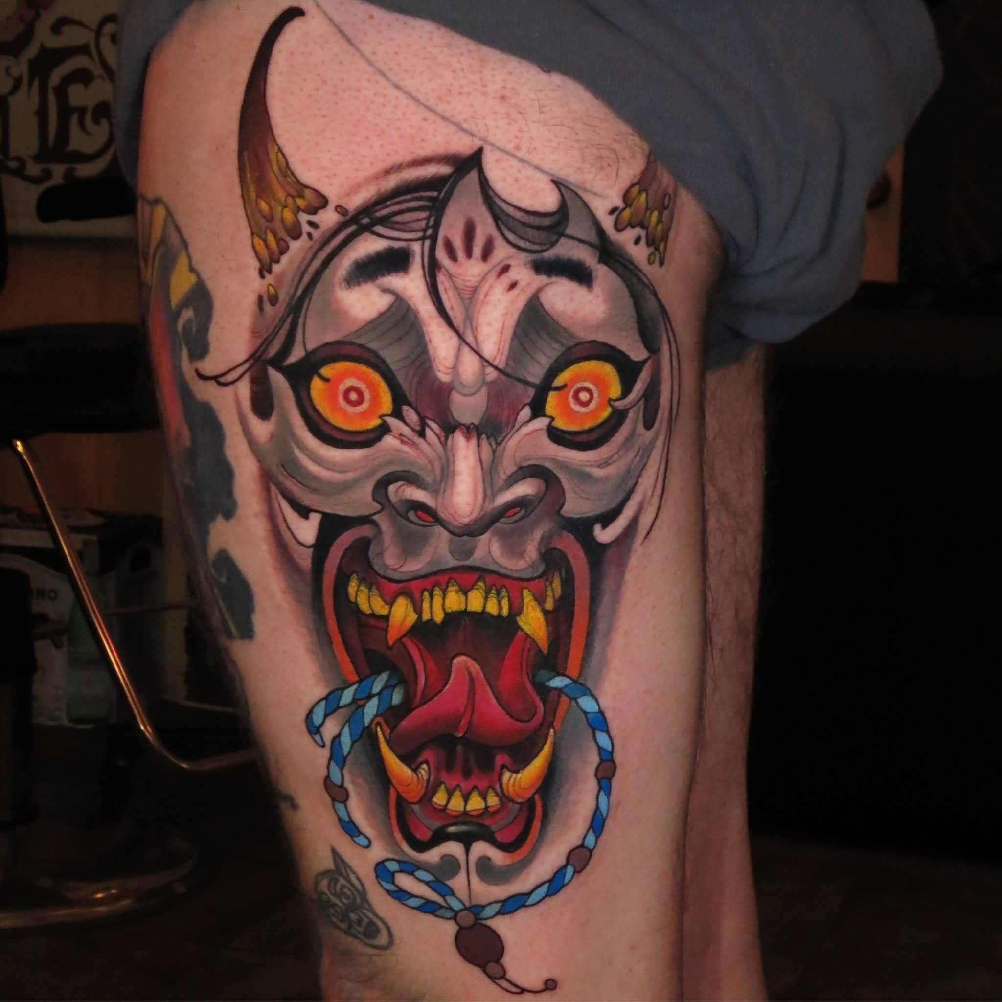 Traditional Hannya Mask Tattoo On Left Side Thigh By Curtis Burgess