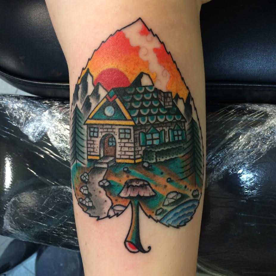 Traditional House In Leave Tattoo Design For Half Sleeve