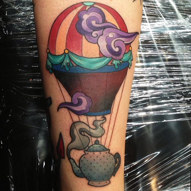 Traditional Kettle Hot Air Balloon Tattoo On Sleeve By Kitty Dearest