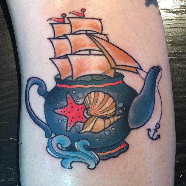 Traditional Kettle Ship Tattoo Design For Sleeve
