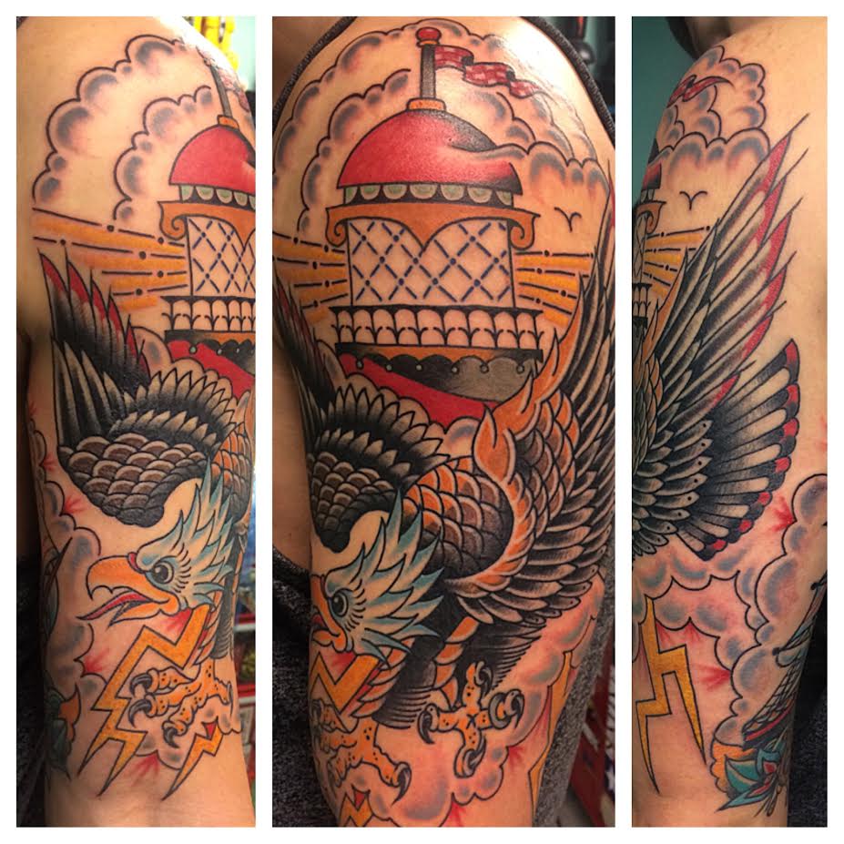 Traditional Lighthouse With Flying Eagle Tattoo On Half Sleeve By Justin Brooks