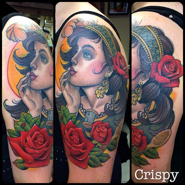 Traditional Native Girl Face With Rose Tattoo On Man Left Half Sleeve By Crispy Lennox