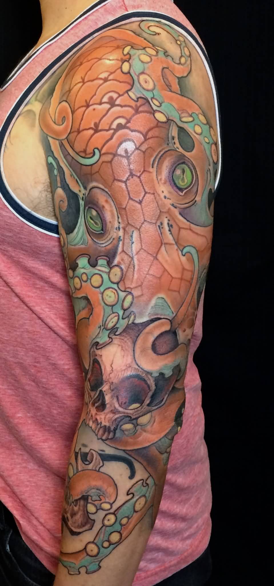 Traditional Octopus With Skull Tattoo On Man Left Full Sleeve