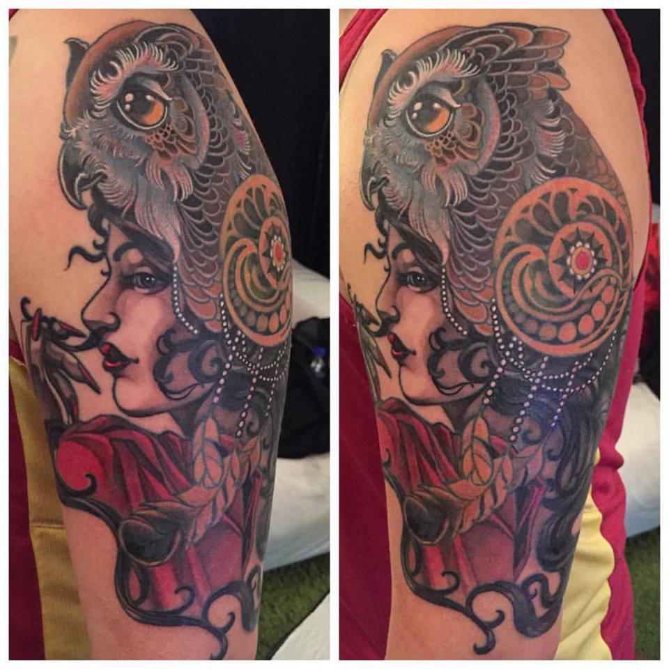 Traditional Owl Head Girl Face Tattoo On Left Half Sleeve By Elvin