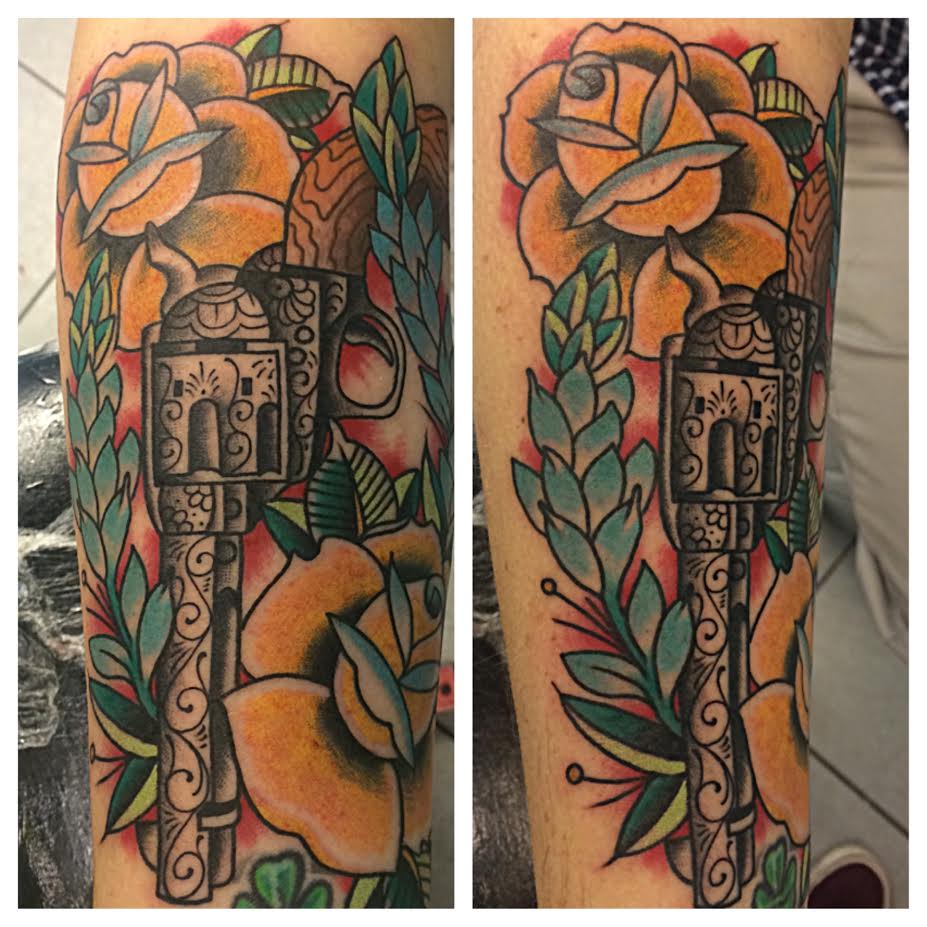 Traditional Revolver With Yellow Roses Tattoo On Sleeve By Justin Brooks