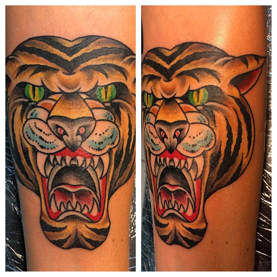 Traditional Roaring Tiger Head Tattoo On Forearm By Justin Brooks