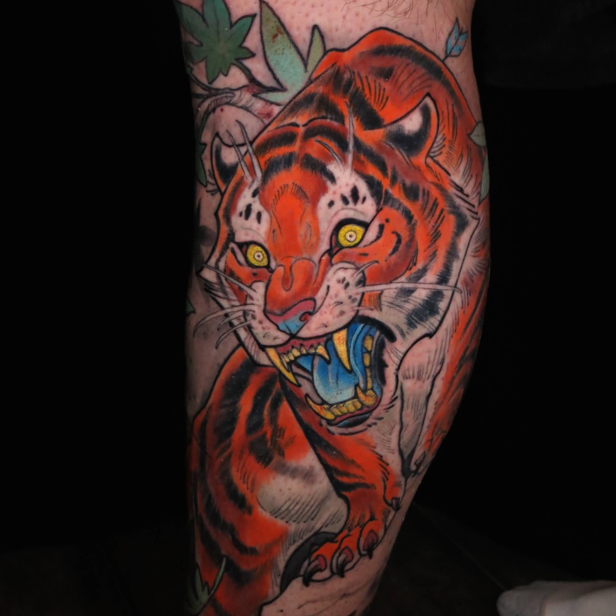 Traditional Roaring Tiger Tattoo Design For Leg