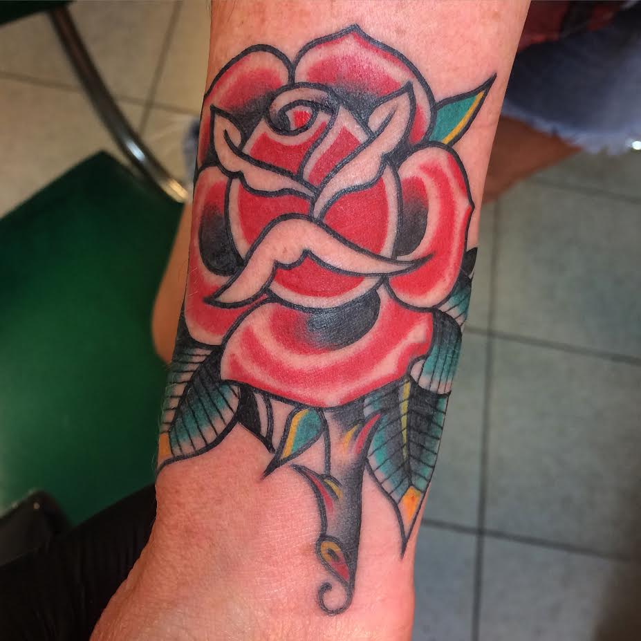 Traditional Rose Tattoo On Sleeve By Justin Brooks