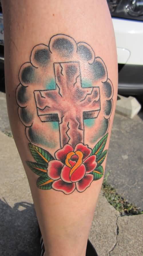 Traditional Rose With Cross Tattoo On Leg Calf