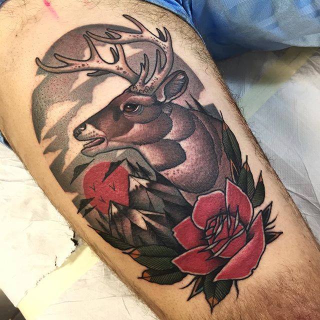 Traditional Roses And Deer Head Tattoo On Leg