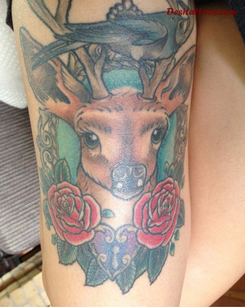 Traditional Roses And Deer Tattoo