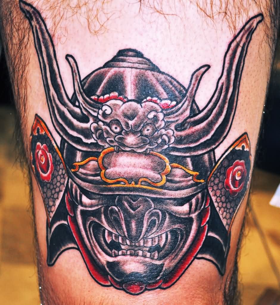 Traditional Samurai Head Tattoo Design For Thigh