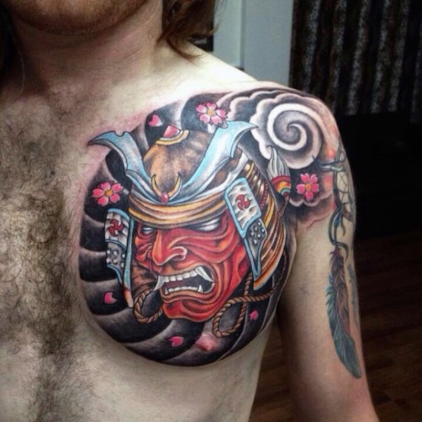 Traditional Samurai Head Tattoo On Man Left Chest