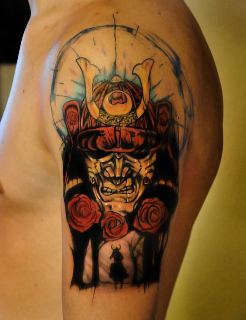 Traditional Samurai Head With Roses Tattoo On Man Left Half Sleeve