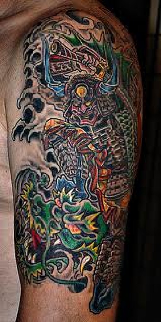 Traditional Samurai With Dragon Tattoo On Man Left Half Sleeve