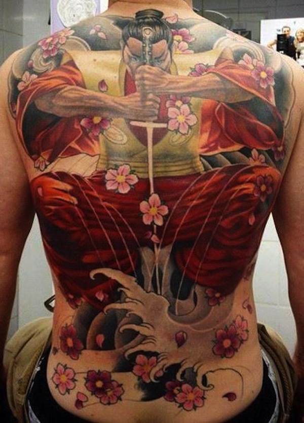 Traditional Samurai With Flowers Tattoo On Man Full Back