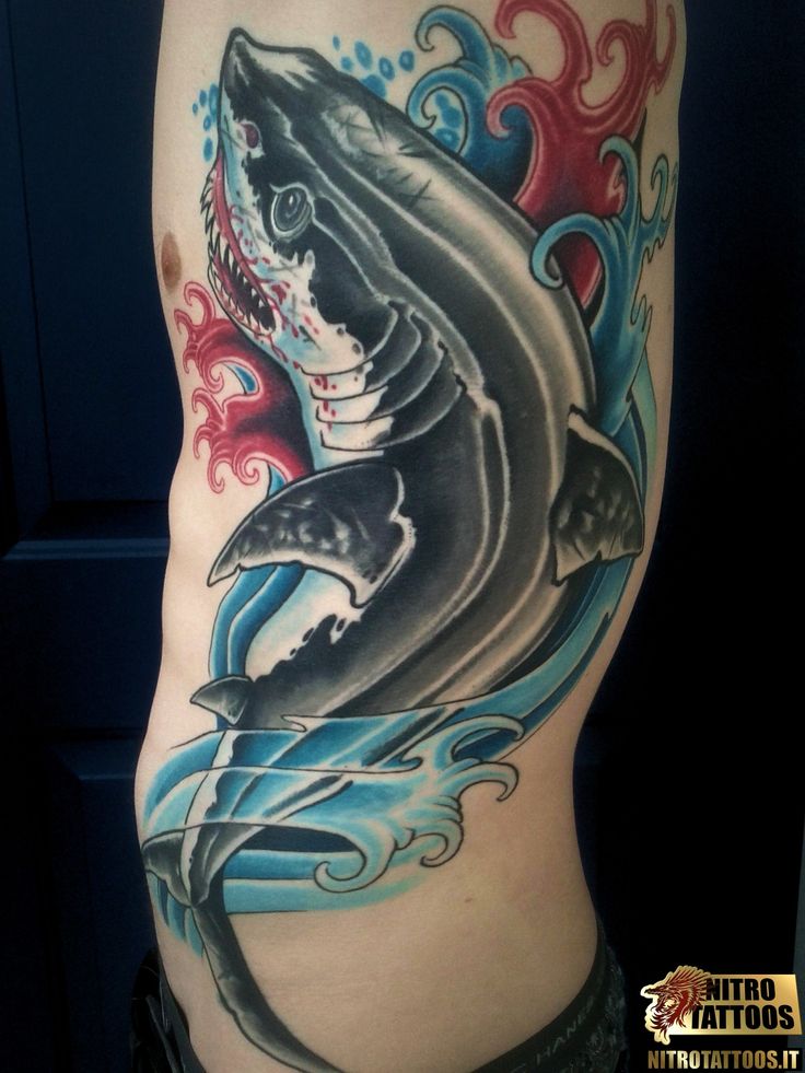 Traditional Shark Tattoo On Man Left Side Rib