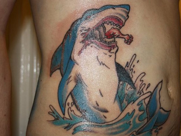 Traditional Shark Tattoo On Man Right Side Rib