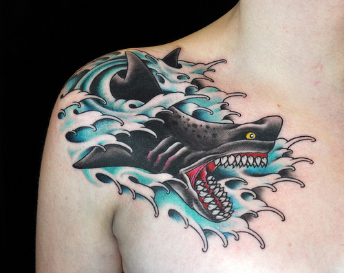 Traditional Shark Tattoo On Right Front Shoulder By Chris Adams