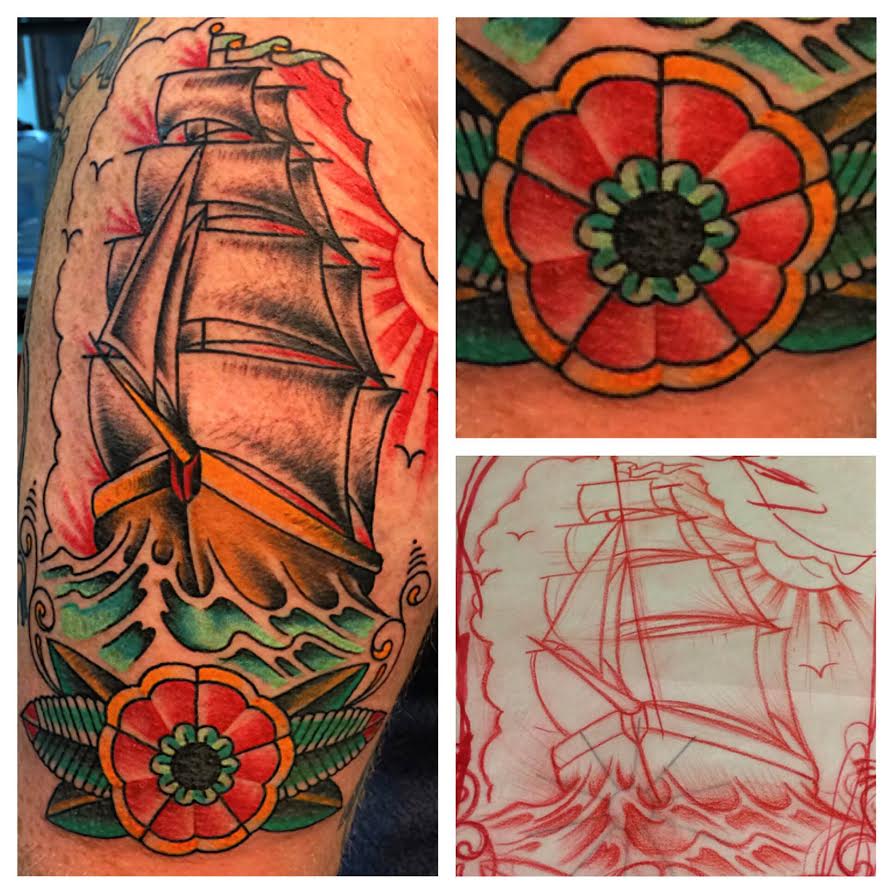 Traditional Ship With Flower Tattoo On Half Sleeve