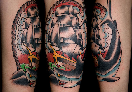 Traditional Ship With Shark In Rope Frame Tattoo Design For Arm
