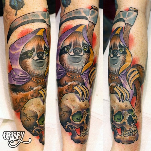Traditional Sloth With Skull Tattoo On Right Arm