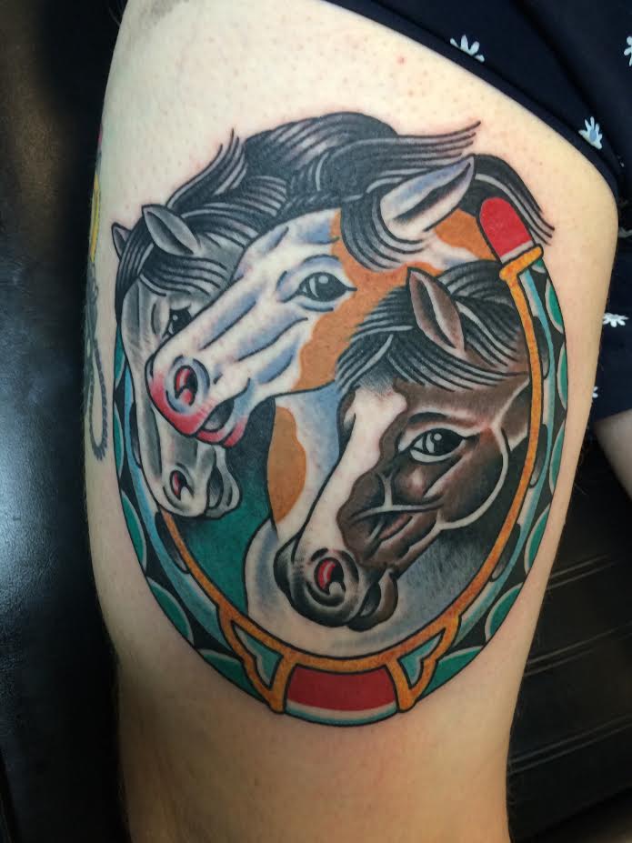Traditional Three Horse Head With Horse Shoe Tattoo Design For Thigh By Justin Brooks